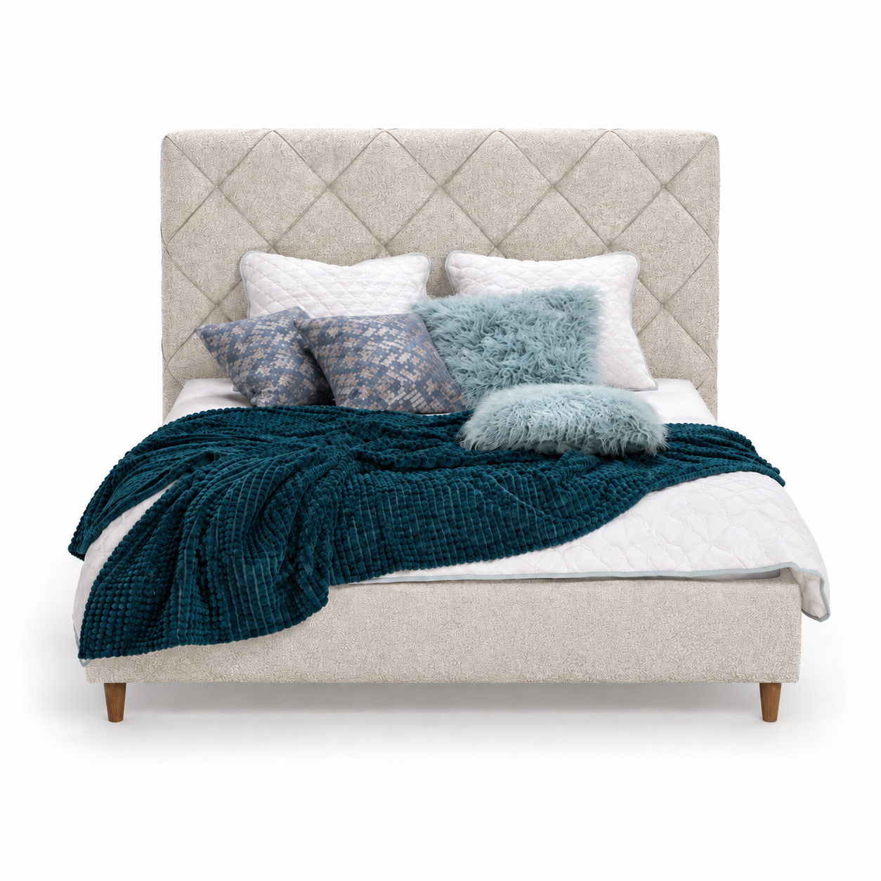Bed Bee (Double) — digital upholstery visualisation in NOW OR NEVER 8 BEIGE fabric; original photos retained