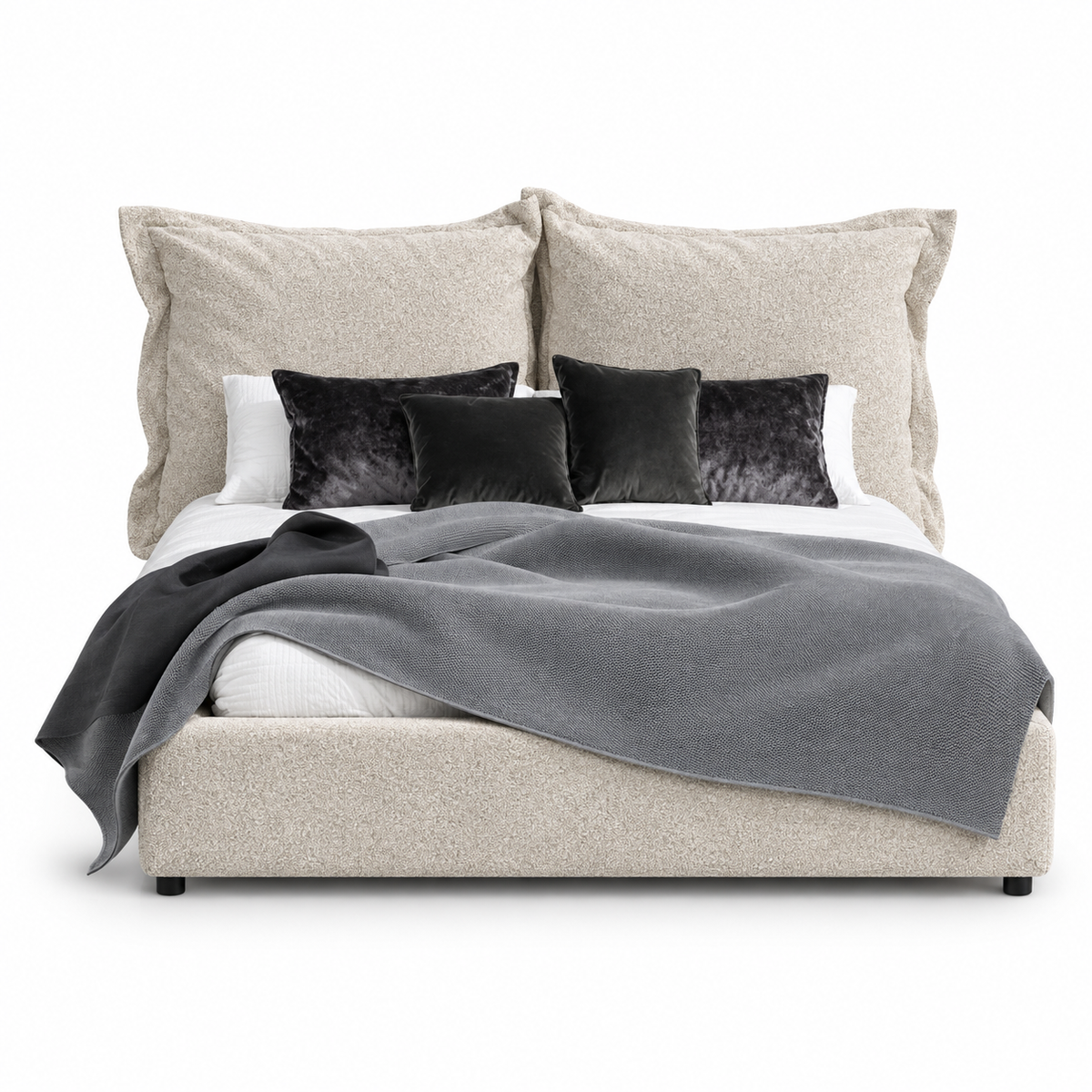 Bed DEE (Double) — digital upholstery visualisation in NOW OR NEVER 8 BEIGE fabric; original photos retained