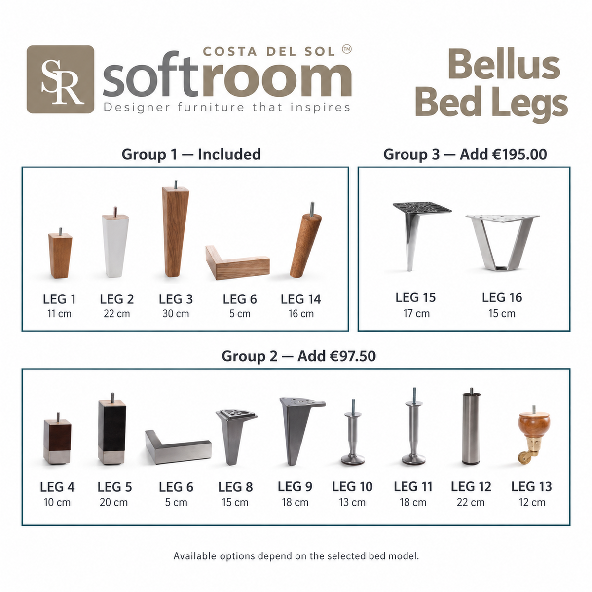 Bellus bed leg styles, heights and option groups — Soft Room Costa del Sol