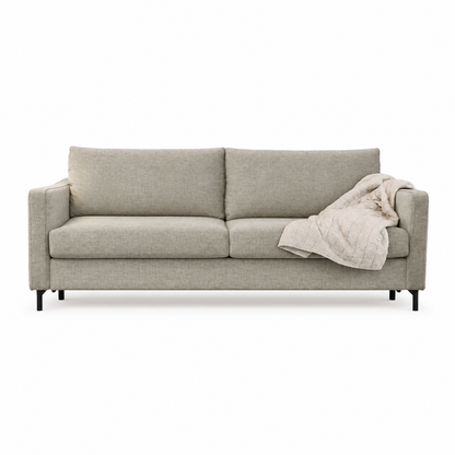 Sofa Esta (Three-seater) — digital upholstery visualisation in Cortina Sand fabric; original photos retained