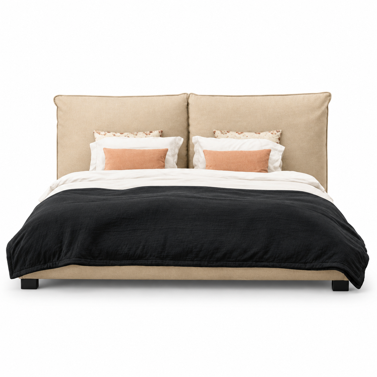 MOYA designer double bed — digital front-view visualization; original upholstery retained