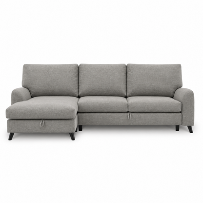 Merlin Sleeping Sofa (Corner Chaiselongue) — front-view upholstery visualization in STORM 3/3 WARM GREY