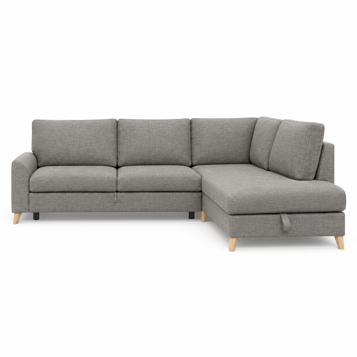 Sofa Merlin Sleeping (Open Corner) — front-view upholstery visualization in STORM 3/3 WARM GREY